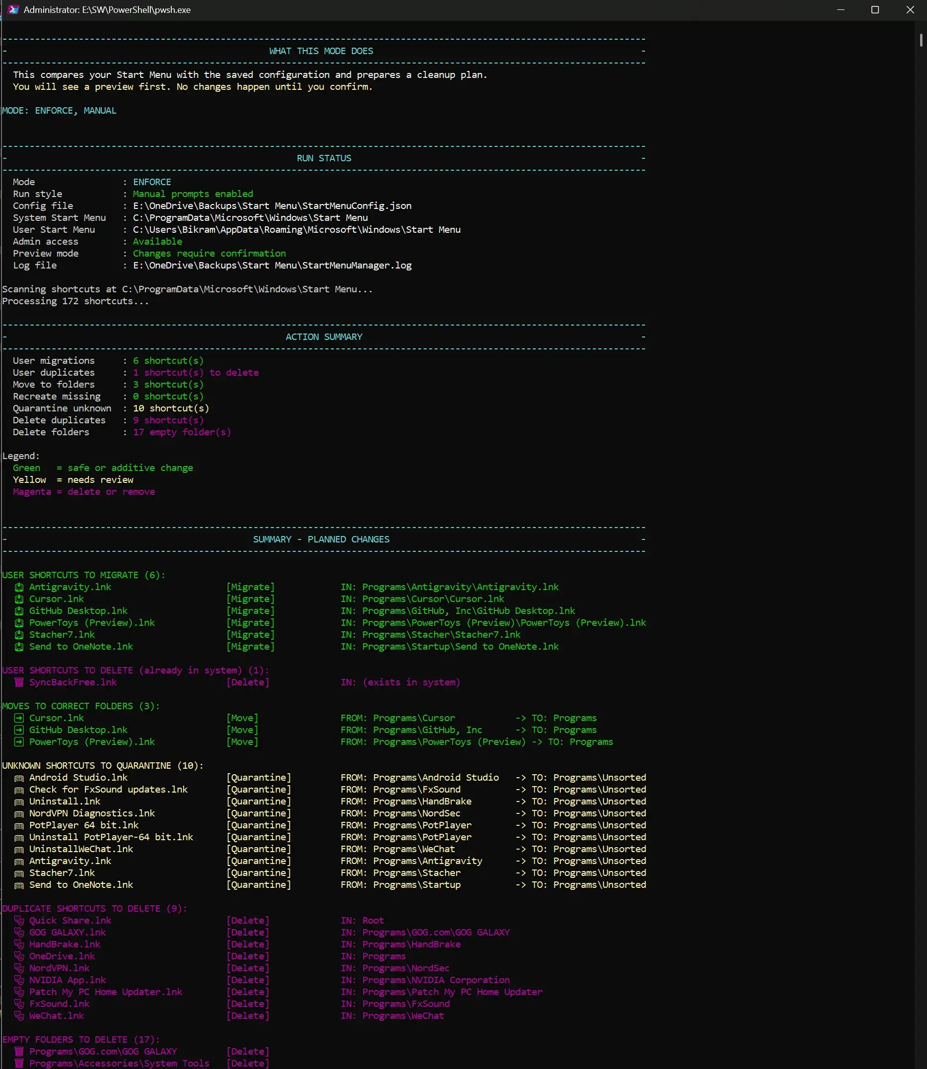 Start Menu Manager tool: Enforce mode. Showing how the tool can be used to enforce a saved Start Menu layout.