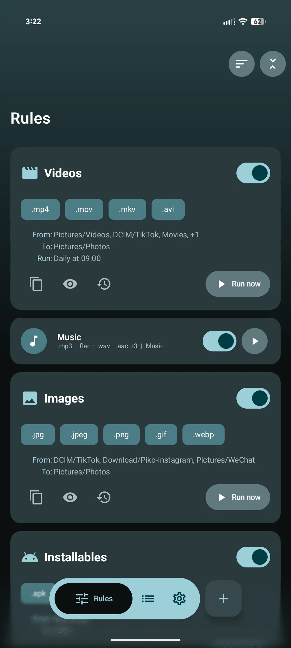 Rule cards show source folders, active filters, schedule, and run controls.