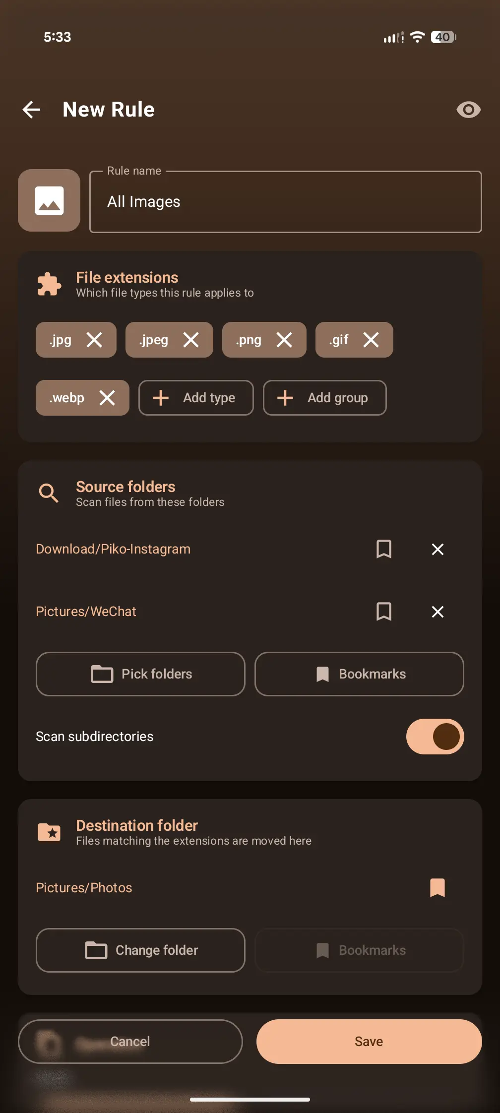 The rule editor sets source folders, filters, destination, and more in one screen.