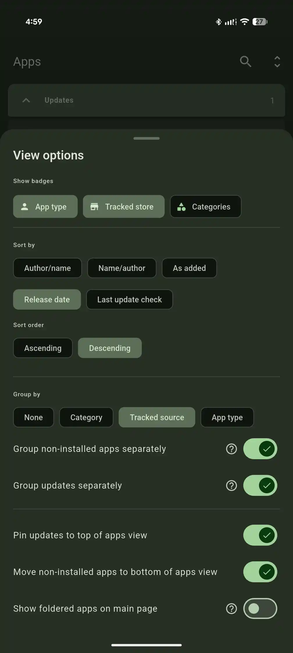 View options adjust badges, sorting, grouping, and visibility.