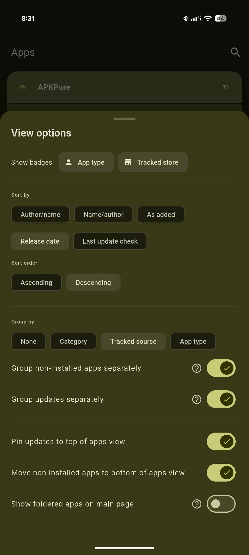 View options adjust badges, sorting, grouping, and visibility.