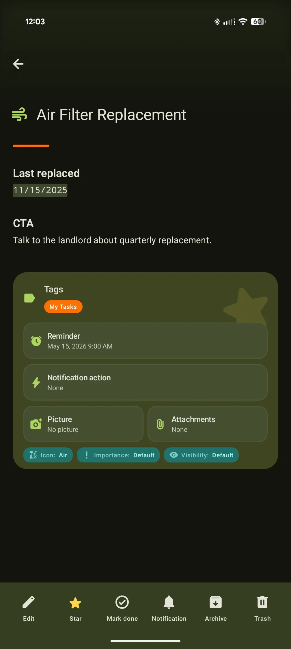 Notes page supports markdown formatting and attachments. Assign reminders and actions.