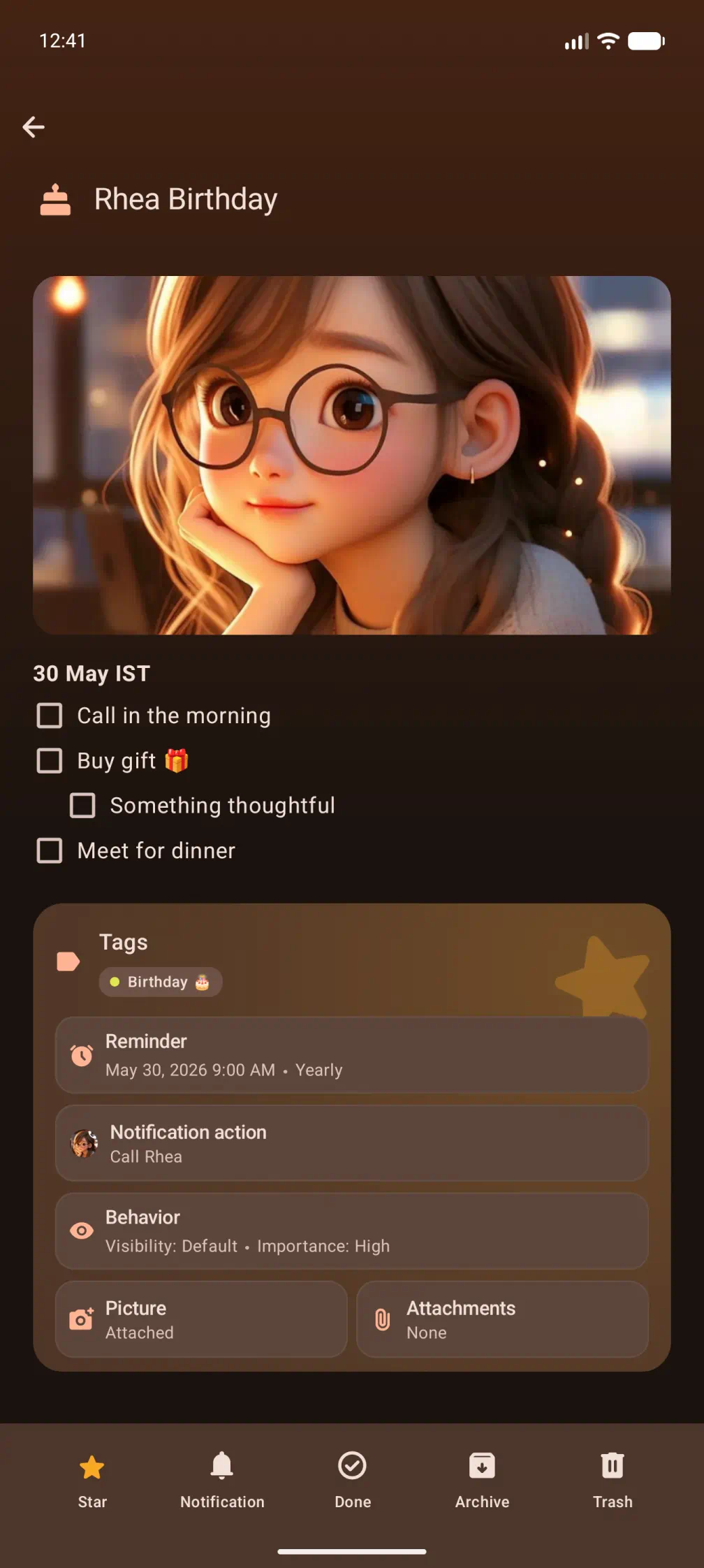 Note page: every reminder carries the full story