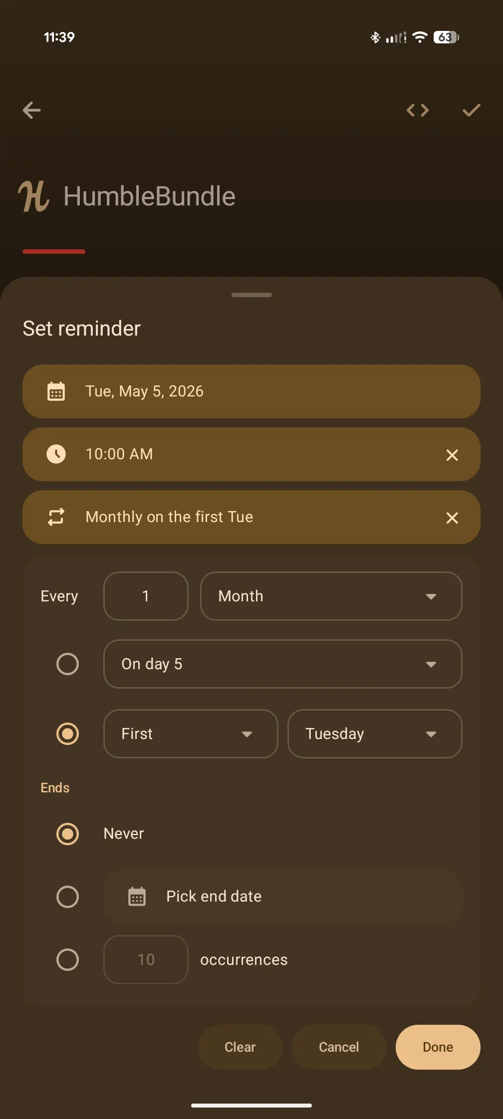 Extensive recurrance patterns supported, with end date or repeat count.